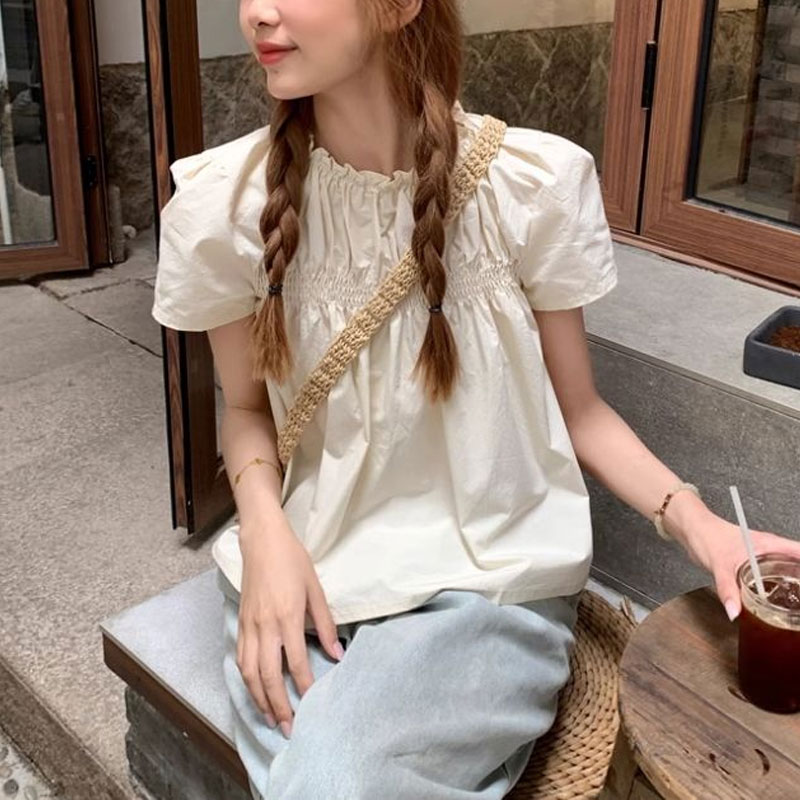 Shirring Kemeja Warna Solid Pa - Summer Clothing In French ulasan dan harga